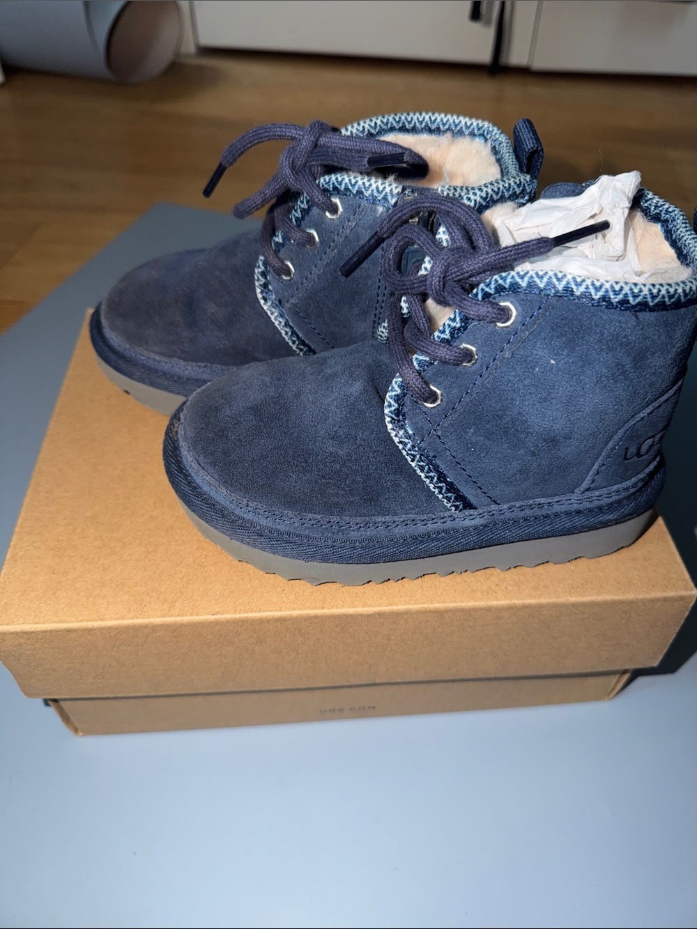 UGG Navy Suede Kids Lace-Up Boots with Faux Fur Trim